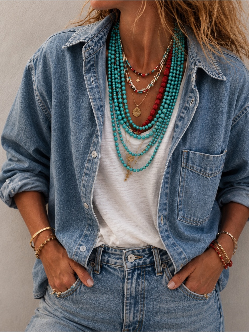 Chunky Oversized Statement Necklace Turquoise Layered Boho Indie Bead Maximalist